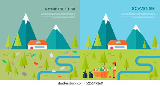 Nature pollution and scavenge concept vector. Flat style design. Two illustrations of same mountain landscape with house, trees, river first contaminated human waste and then cleaned by man. 