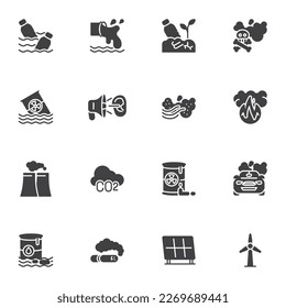 Nature pollution vector icons set, modern solid symbol collection, filled style pictogram pack. Signs, logo illustration. Set includes icons as co2 emission, plastic water pollution, factory smoke