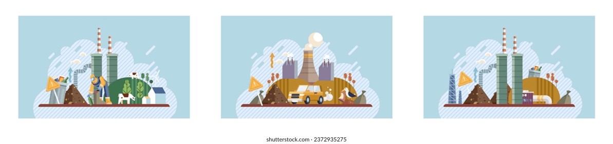 Contaminación de la naturaleza. Ilustración vectorial. La calidad del aire contaminado tiene efectos adversos en la salud respiratoria Las toxinas nocivas en el medio ambiente pueden alterar el equilibrio natural de los ecosistemas Las inpurezas en el agua