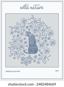 Póster de Naturaleza con flores y leopardo. Estilo moderno, color de tinta azul