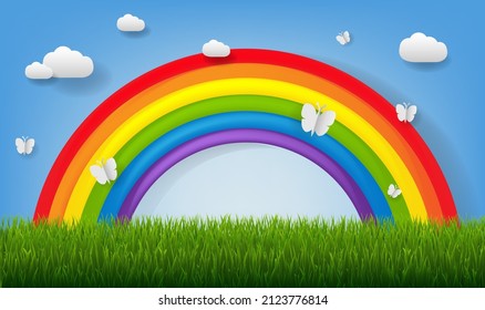 Nature Poster With Green Grass Border And Rainbow With Gradient Mesh, Vector Illustration