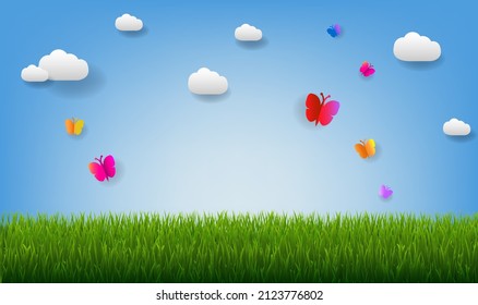 Nature Poster With Green Grass And Butterfly With Gradient Mesh, Vector Illustration