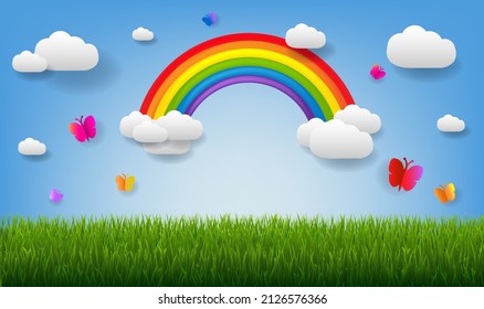 Nature Poster With Green Grass And Butterfly And Rainbow With Gradient Mesh, Vector Illustration