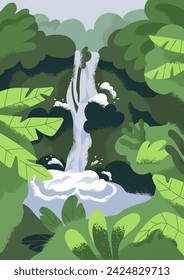 Nature poster. Jungle landscape card background. Waterfall in rainforest, green tropical forest with palm trees, plants. Water falls in woods. Serene peaceful scenery. Flat vector illustration