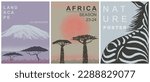 Nature poster set. African landscape, Mount Kilimanjaro, baobab, zebra. Abstract textured background. Picture for background, poster, banner, flyer. Texture of nature set. Vector illustration.
