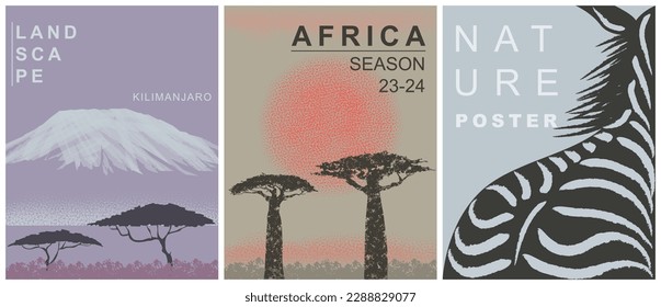 Nature poster set. African landscape, Mount Kilimanjaro, baobab, zebra. Abstract textured background. Picture for background, poster, banner, flyer. Texture of nature set. Vector illustration.