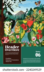 Afiche de la Naturaleza. Ilustración vectorial de fondo paisajístico natural, flores, hojas, bosque y árboles. Dibujos de verano y primavera