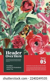 Nature Poster. Cute Vektorgrafik von Landschaftshintergrund, Blumen, Blättern, Wäldern und Bäumen. Zeichnungen von Sommer und Frühling