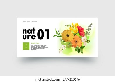 Nature Power Landing Page Design with Gerbera Flowers, Website Template for Florist Shop, Organic Natural Blossoms Store or Bouquets Delivery Company Service. Beautiful Plants Vector Illustration
