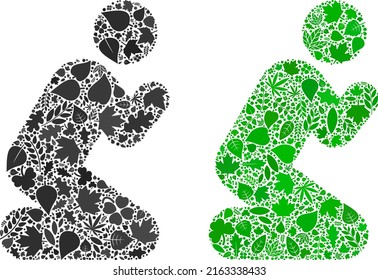Nature praying person icon composition of herbal leaves in green and natural color tinges. Ecological environment vector template for praying person icon.