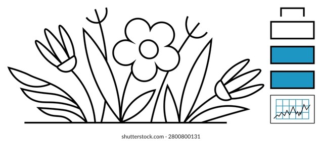 Nature presentations, data analysis, environment, growth concepts, spring, infographic decoration. Black outline of flowers and leaves beside infographics. Nature presentations and data analysis