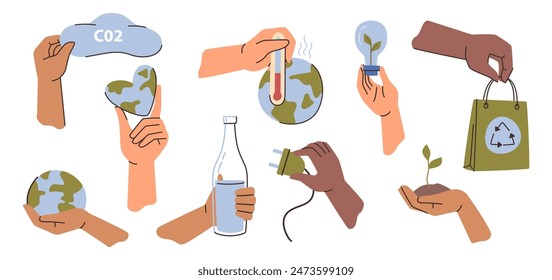 Nature preservation and climate change problems. Vector isolated set of hands holding globes, recycling bag, glass bottle for second reusing, power socket and soil with growing green plant