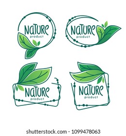 Nature  Product,  doodle organic green  leaves emblems, stickers,  frames and logo