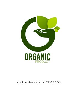 Nature Product Logo, ecological symbol and sign, human hand and green growing plants