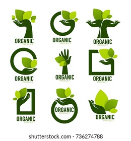 Nature Product Logo Set, ecological symbol and sign, human hand and green growing plants