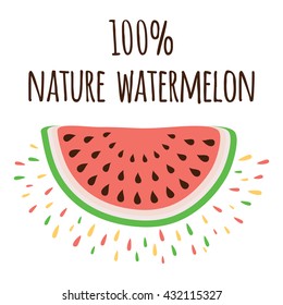 Nature product sign. Watermelon symbol. Icon on cartoon design for fruits. Nature food. Cute watermelon slices. Color summer print. Love fresh fruits. Quote. Abstract sweet fruit isolated on white.