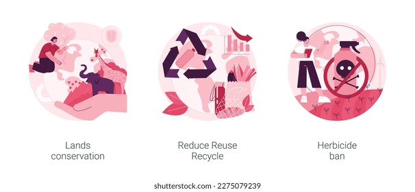 Conjunto de ilustraciones vectoriales de concepto abstracto de protección de la naturaleza. Conservación de tierras, Reducir reciclaje, prohibición de herbicidas, manejo de residuos, agricultura orgánica, agricultura verde, aumento de metáforas abstractas.