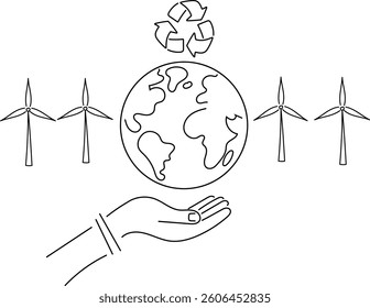 Nature protection concept. Globe, windmills.