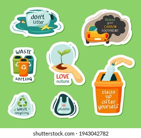 Nature protection and garbage recycling stickers set. Sorting waste into bins with elimination plastic bags taking care of cleanliness reservoirs with cultivation green spaces. Vector planet cleaning