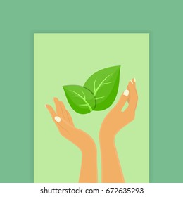 Nature protection, Hand and leaf elegant