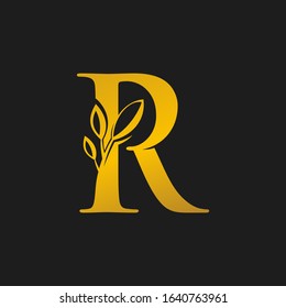 nature R alphabet leaf gold vector