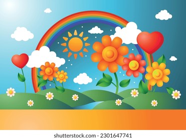 Nature and rainbow for international children's day. Flowers, green grass, rainbow, clouds, sun. Positive background for children