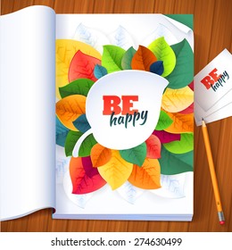 Nature rainbow leaves concept magazine page. Vector leaves abstract background with pencil and business cards. File  includes layer with clipping mask shape.