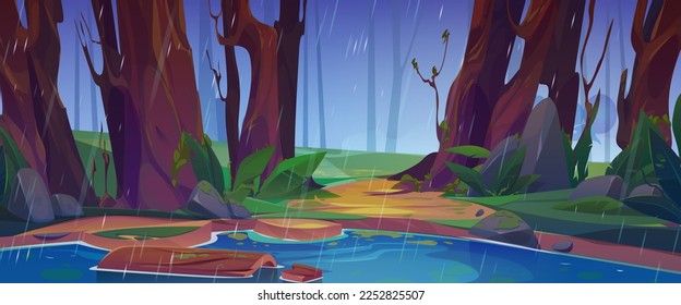 Nature rainy scene with lake. Summer landscape with green trees, grass, bushes, pond and wooden log in water. Glade, river coast under raindrops, vector cartoon illustration