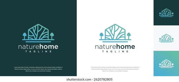 Nature real estate building logo design. Tree house logo icon made with lines