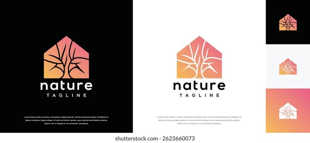  nature real estate building logo designs. Tree house logo icon made with lines