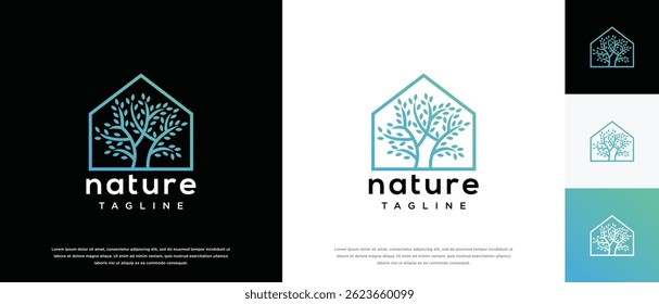  nature real estate building logo designs. Tree house logo icon made with lines
