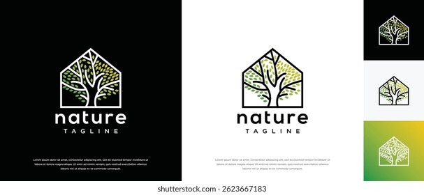  nature real estate building logo designs. Tree house logo icon made with lines