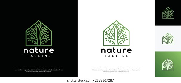  nature real estate building logo designs. Tree house logo icon made with lines