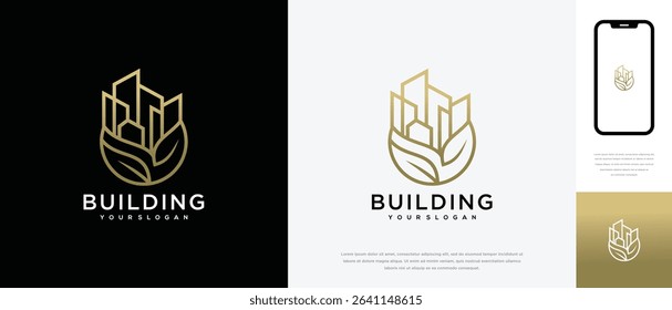 Nature real estate building logo design. Nature building house and leaf logo icon made with lines