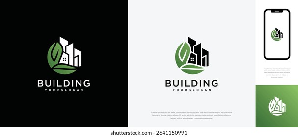 Nature real estate building logo design. Nature building house and leaf logo icon