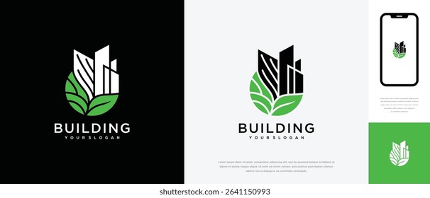 Nature real estate building logo design. Nature building house and leaf logo icon