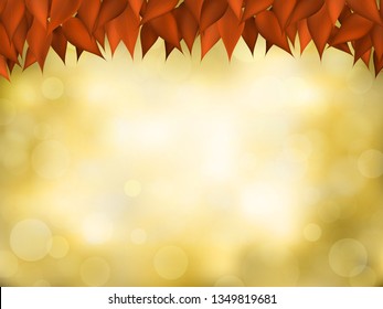 Nature realistic background in autumn colors. Brown leaves frame behind blurred forest, with bokeh light effect. Autumnal vector illustration. Empty space for the text.