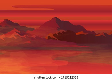  Naturaleza. Puesta de sol roja. Noche, cordillera en la niebla. Ilustración abstracta vectorial para diseño web, banners.