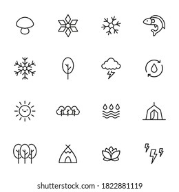 Conjunto de iconos vectoriales relacionados con la naturaleza. Signo bien diseñado en el estilo de línea delgada con trazo editable. Símbolos vectoriales aislados en un fondo blanco. Pictogramas simples.