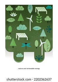 Nature and Renewable Energy concept. Poster with plug silhouette, plants and alternative electricity sources. Sustainable development. Cartoon flat vector illustration isolated on white background