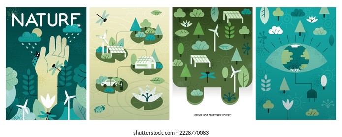 Nature and Renewable Energy concept. Set of posters with alternative green electricity sources. Solar panels and windmills. Care for nature. Cartoon flat vector collection isolated on white background