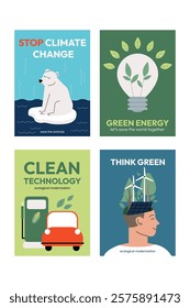 Nature and Renewable Energy. Green Energy and Natural Resource Conservation. Set of vector posters, cards. Earth day. Eco posters with recycling of plastic and garbage, sustainable lifestyle