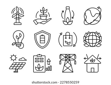 Nature and Renewable Energy icons for business in simple outline set. Ecology and environment icons. Suitable for many purposes.