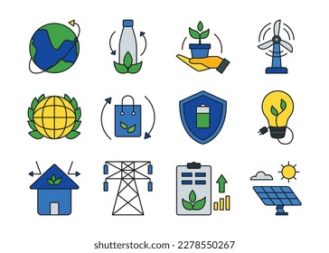 Nature and Renewable Energy icons for business in green blue simple line set. Ecology and environment icons. Suitable for many purposes.