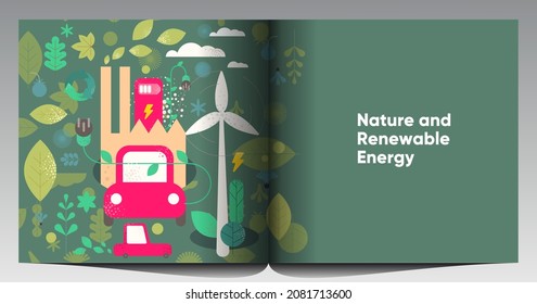 Naturaleza y Energía Renovable. Reciclar. Energía verde y conservación de los recursos naturales. Conjunto de ilustraciones vectoriales. Imágenes de fondo para afiches, pancartas, carátulas.