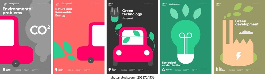 Nature and Renewable Energy. Recycle. Green Energy and Natural Resource Conservation. Set of vector illustrations. Background images for poster, banner, cover art.