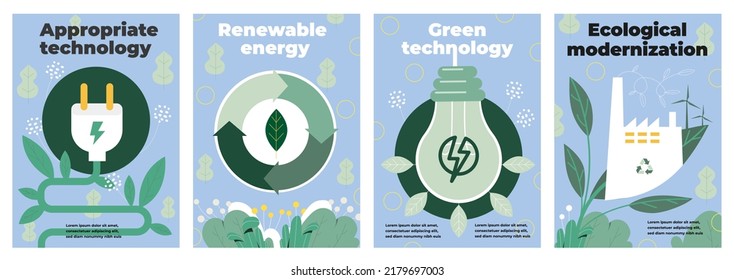 Nature and Renewable Energy. Set of posters with alternative electricity sources, recycling and green technologies. Caring for environment. Cartoon flat vector collection isolated on white background