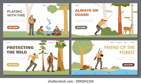 Nature reserve and forest guards rangers website banners bundle, flat vector illustration. Ranger officers park and forest keepers service webpages set.