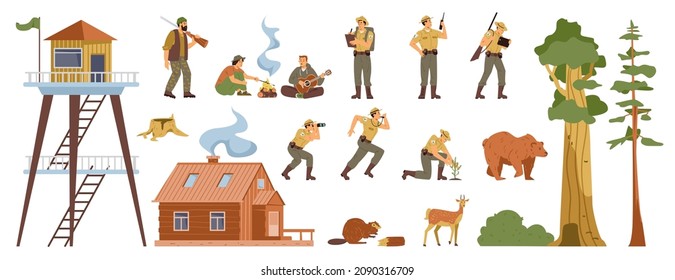 Nature reserve guards and troublemakers characters set, cartoon flat vector illustration isolated on white background. Forest and national park items bundle.