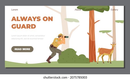 Nature reserve park guards or rangers forces website mockup, flat vector illustration. Preserve environment concept of web page for nature keeping forces.